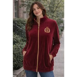 Lauren Ralph Lauren Women's 1X Red Velour Gold Crest Zip Jacket